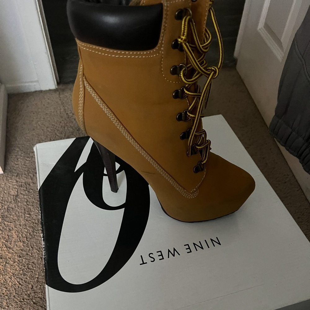 Nine West Women's Mustard Lace-Up Heeled Boots